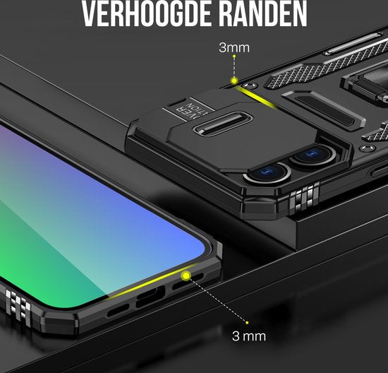 Podec Case passend für iPhone 15 Pro Schwarz Phone Case - Anti-Shock Case Cover Hybrid Armor Case mit Kickstand Ring mit Displayschutzfolie