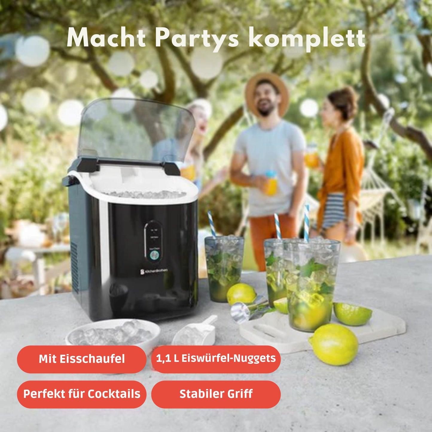 KitchenBrothers Nugget Eiswürfelbereiter - 1.1L - Crushed Ice Maker mit Eisportionierer - Tragbar - 15kg/24 Stunden - Schwarz