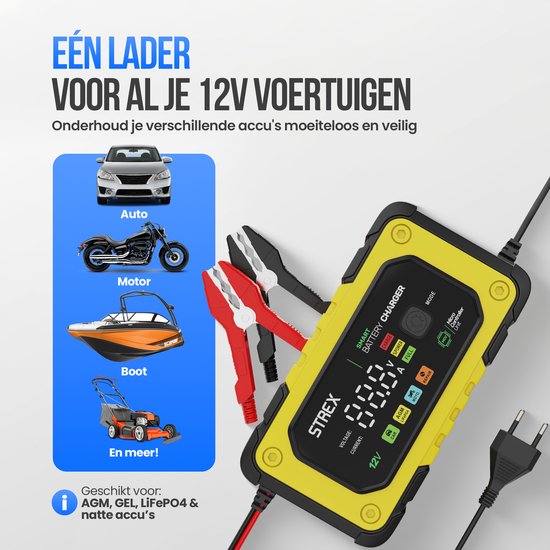 Strex 12V 7A Batterieladegerät - Tropf- und Schnellladegerät mit LCD-Anzeige - für Auto-, Motorrad-, Boots- und AGM/Blei-Batterien - Reparaturmodus