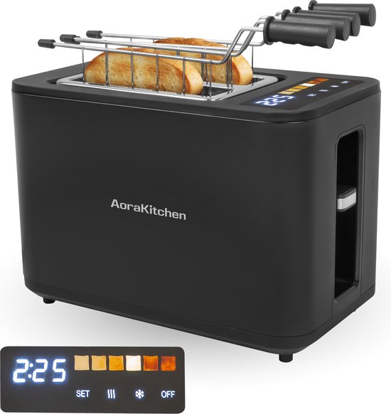 AoraKitchen Toaster - Mit Toastklammern - 6 Heizstufen - LED-Bildschirm - Timer - Schwarz