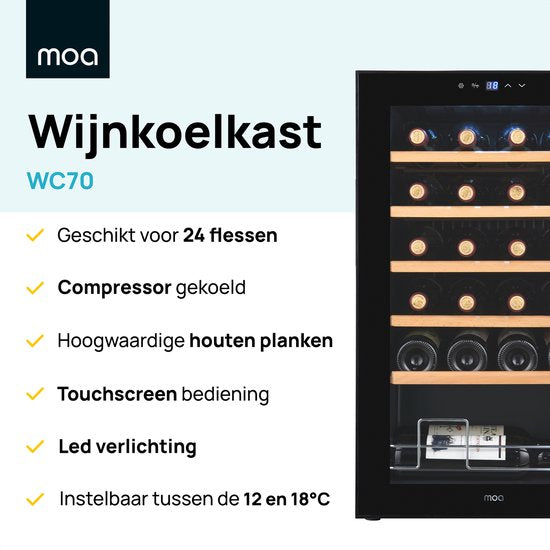 MOA Weinkeller für 24 Flaschen - Weinkühler Freistehend mit 1 Temperaturzone - Weinkühler - Einstellbar zwischen 12°C und 18°C - Eingebaut - Schwarz