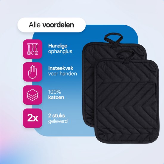 Roegaarden Topflappen - Hitzebeständige Topflappen - 100% Baumwolle - Mit Einschubtaschen - Schwarz