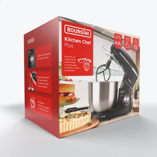 Bourgini - Kitchen Chef Plus – XL-Küchenmaschine – 6,2-Liter-Rührschüssel – 3 Zubehörteile – 1,2 kg Pizza-/Brotteig kneten