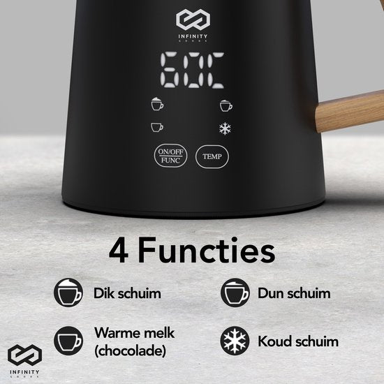 Infinity Goods Milchaufschäumer - Elektrisch - 4 Funktionen - 500ML - Milchaufschäumer - Heizung - Antihaftbeschichtung - Schwarz