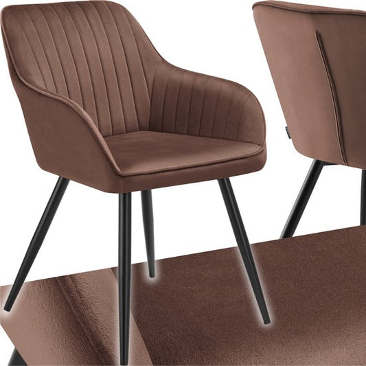 tectake® Esszimmerstuhl Marilyn - Polsterstuhl in Samtoptik - Nahtmuster - Schwarze Stuhlbeine - Ergonomischer Küchenstuhl - Mit durchgehender Rückenlehne und Armlehnen - Stuhl für Wohnzimmer, Esszimmer, Schlafzimmer - Braun