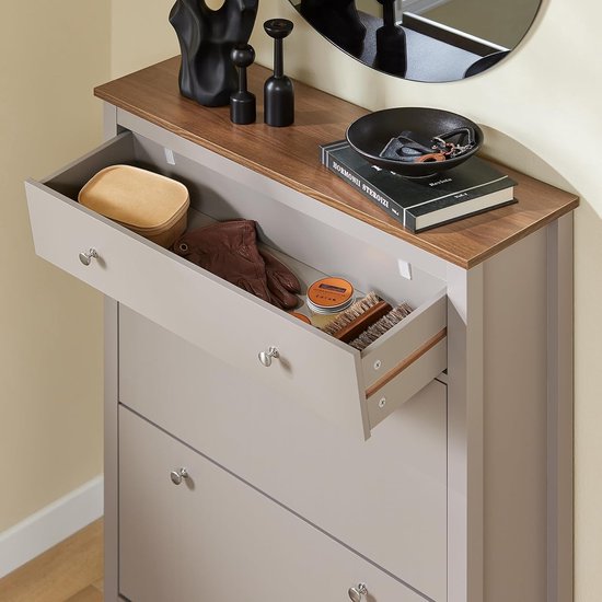 SoBuy FSR89-KA Schuhschrank mit 2 Klappen & großer Schublade - 12 Paar Schuhaufbewahrungsschublade für Diele, Flur - Schuhregal hellbraun, 80×25×108cm