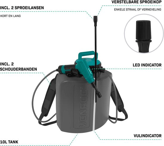 VONROC Accu-Drucksprühgerät 10 Liter - Integrierter 4V-Akku - Inkl. 2 Sprühlanzen, Schultergurt und USB-C-Ladekabel