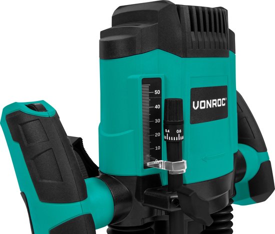 VONROC Oberfräse 1200W - 6-8mm - Variable Drehzahl 16.000 - 30.000 U/min - Inkl. 6-teiligem Oberfrässet, Schablonenführung, Parallelführung und Zentrierstift