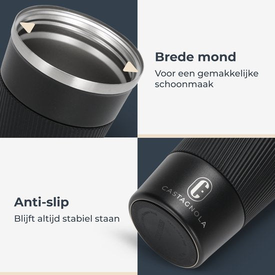Castagnola Thermos Cup - Kaffeebecher To Go - Reisebecher für Kaffee und Tee - Teebecher - 380 ML - Edelstahl - Schwarz