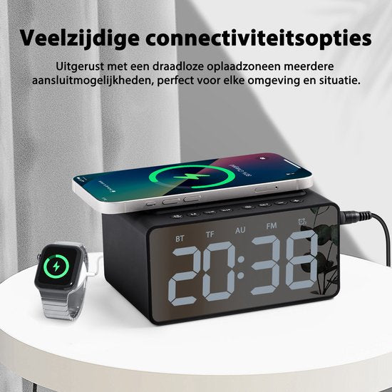 Digitaler Wecker - mit Radio, Bluetooth und kabellosem Ladegerät - Radiowecker - Snooze-Funktion - Schwarz - von Faas