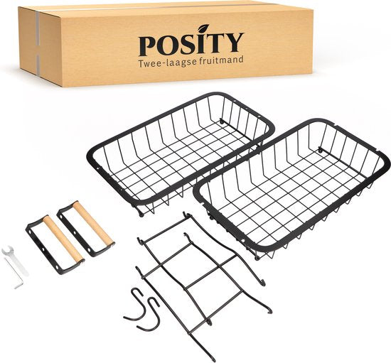 Posity Fruit Bowl 2 Layer - Obstkorb - Obst Etagere - Gemüsekorb - Drahtkorb - Mit Bananenhalter - Holz & Metall - Schwarz