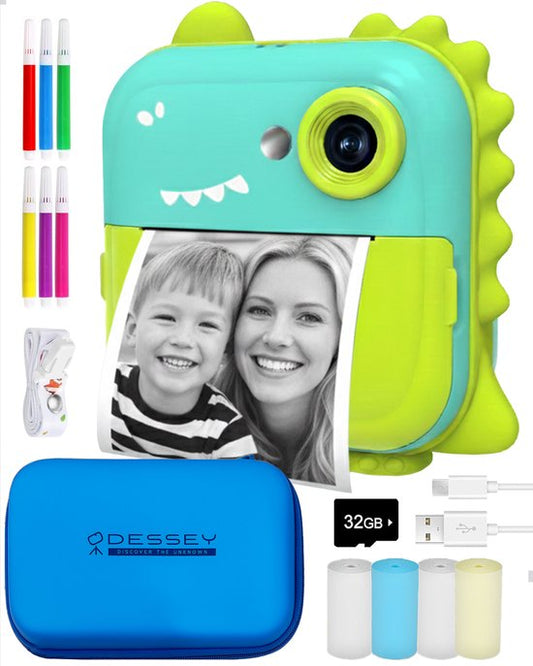 ODESSEY Kinderkamera mit Drucker - Full HD - Selfie-Kamera - 32GB SD-Karte - Foto - Video - Spiele - Digitalkamera Kinder - Fotokamera für Kinder - Dino