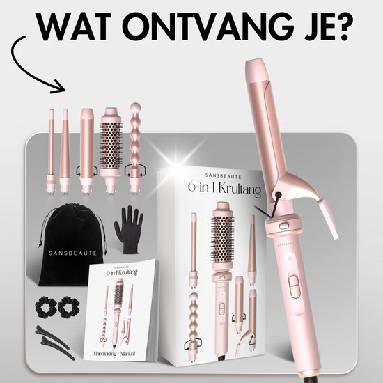Sansbeauté® 6 in 1 Lockenstab mit Klemme - Keramischer Lockenstab - 13mm bis 38mm - Föhnbürste für kurzes Haar - Wärmebürste - Lockenwickler - Thermobürste - Haarstyler - Lockenbürste 5 in 1