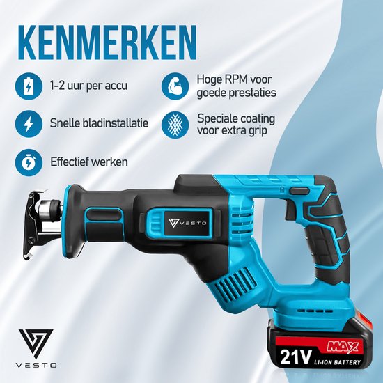 Vesto® Akku-Stichsäge - 21V Li-Ion - Inkl. 2 Akkus, Sägeblätter & Koffer - 25mm Hub - Für Holz, Metall & Kunststoff - Schnellwechselsystem - Kabellos
