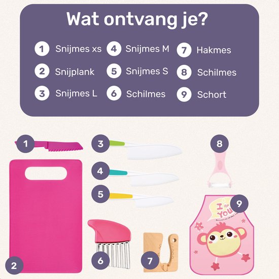 Qwali XL Montessori Kindermesserset - 9-teilig - inkl. Schneidebrett und Schürze - Sicher - Kochen - Besteck Messer - Messer für Kinder - Küchenmesser