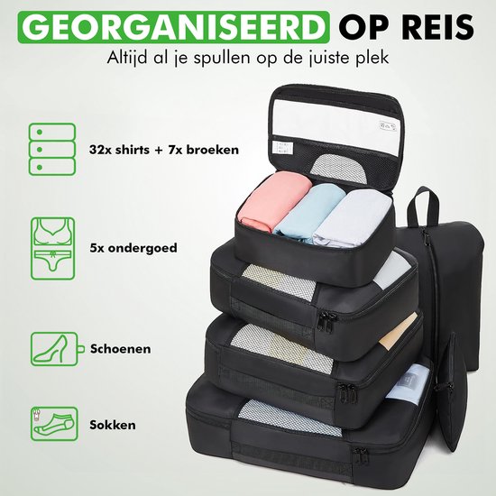 Travelhawk Packing Cubes - Koffer-Organizer-Set - Kleidung - Gepäck-Organizer - 8 Stück - Schwarz