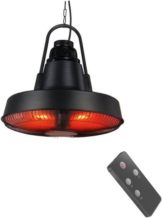 BRASQ Retro Elektrischer Terrassenheizer Pendant - 3 Heizstufen - Mit Fernbedienung - IP24 -Spritzwassergeschützt - Innen und Außen - 2000 W - Schwarz