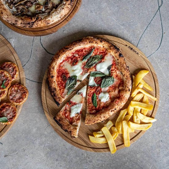 Boska Pizzabrett Friends XL - Grillzubehör - Eichenholz - Praktische Auffangwanne - Ø 40 cm