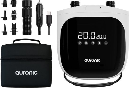 Auronic 2-in-1 Elektrische Luftpumpe - 4000 mAh Akku - 12-17V - 20 PSI - u.a. SUP Board, Luftmatratze, Kajak, Kite & Zelt - aufblasen/entlüften