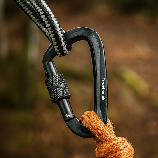 Travelhawk Karabiner - Musketonhaken mit Schraubverschluss - Karabiner Schlüsselanhänger - Aluminium - Schwarz