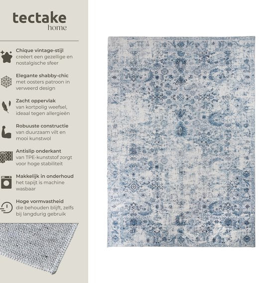 tectake Teppich im Vintage-Design - Niederflorteppich - Boho-Teppich - Für Wohnzimmer, Schlafzimmer, Kinderzimmer oder Jugendzimmer - Waschbar - 240cm x 340cm - blau