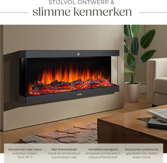 tectake® Wandkamin - Elektrokamin - Atmosphärischer Kamin - 900W & 1800W - Steuerung per Fernbedienung oder App - mit Thermostat - Ofen - mit Heizung - Kamine - mit Holz- und Glüheffekten - 3D Flammen - Timer - 9 Farboptionen