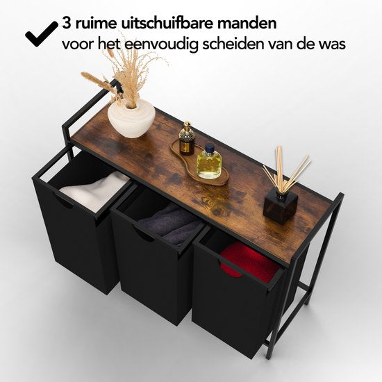 Brixy Wäschekorb 3 Fächer - Wäschesortierer - ausziehbar - Wäschebox aus Metall - 117L Kapazität - 90 x 33 x 70 cm - Schwarz/Braun