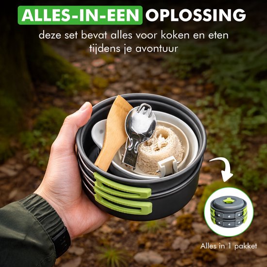 Travelhawk Camping Kochgeschirr - Pfannenset - Aluminium - 8-teilig - Camping Pfannenset - Inklusive Schwamm, Spatel, Löffel, Schüsseln und praktischer Tragetasche