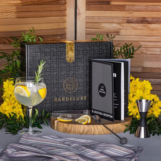 BarDeluxe® Cocktail Shaker Set - 5-tlg. Boston Shaker - Cocktail Set mit Stamper, Sieb, Barlöffel & Rezeptbuch - Inklusive luxuriöser Geschenkbox - Silber
