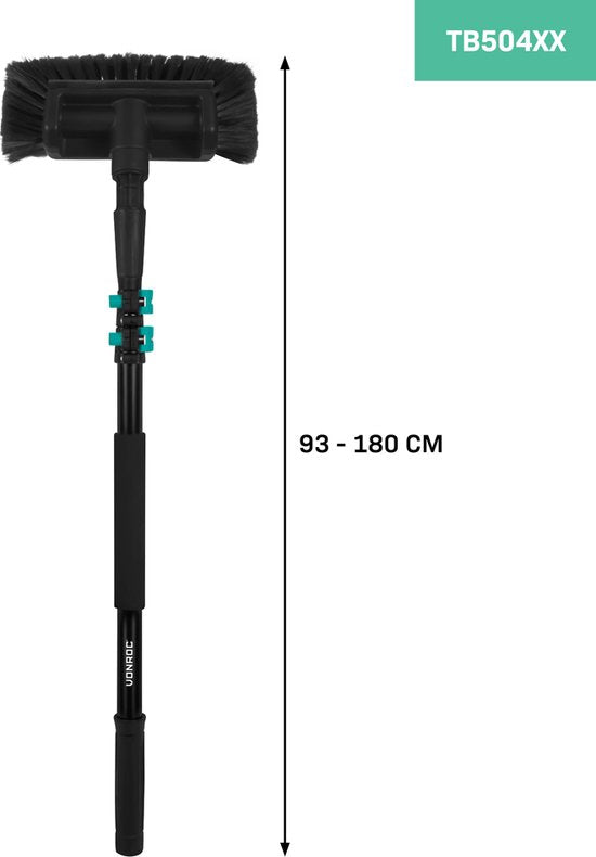 VONROC Teleskop-Waschbürste - 1,80m - Inkl. Bürstenkopf, Wasserschlauch und Seifenspender - Schwarz