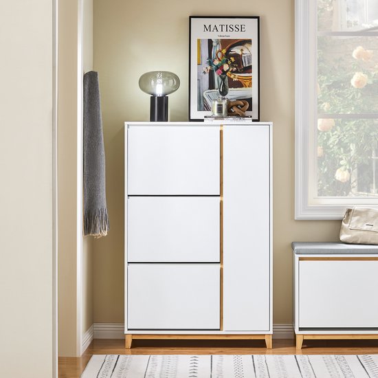 SoBuy FSR189-WN Schuhschrank - Weißer Holzverbundstoff mit 3 Klappen & Tür