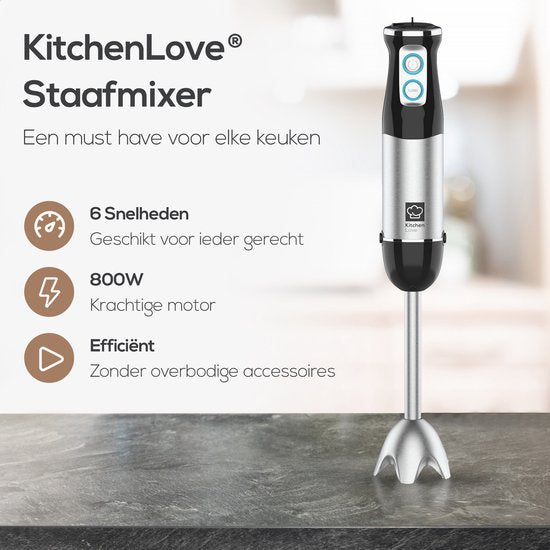 KitchenLove Stabmixer - 800W - 6 Geschwindigkeiten + Turbo - Schwarz/RVS