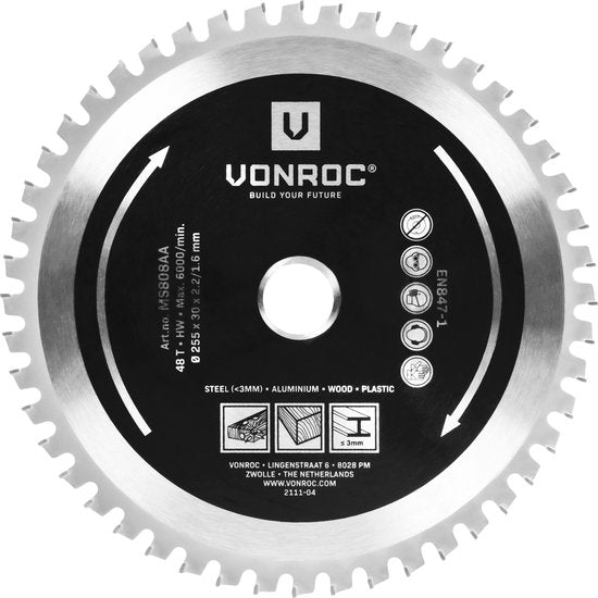 VONROC Multi-Material-Sägeblatt - 255 x 30mm - 48 Zähne - Für Holz, Aluminium, Kunststoff und Stahl - Für MS507AC