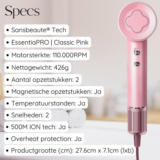 Sansbeauté® Haartrockner mit Diffusor - Locken - 110.000 U/min - Ionen-Haartrockner mit Bürste - 3 Stufen - 3 Aufsätze - Reisehaartrockner - Coolshot - Haartrockner mit Diffusor - Haartrockner - 2000W - EssentiaPRO®
