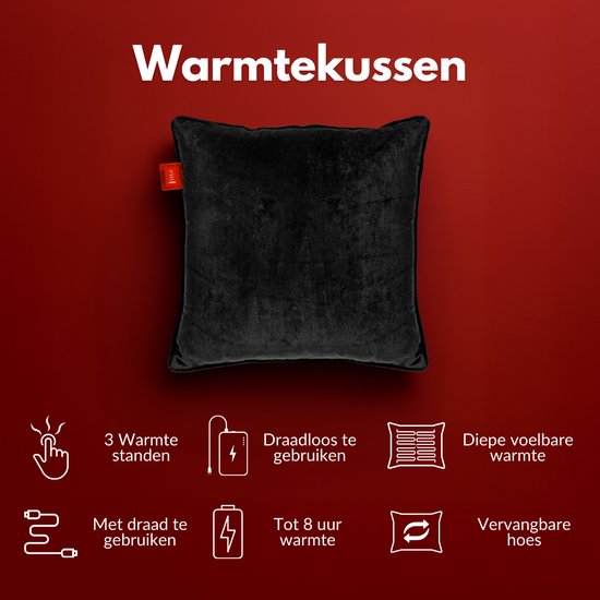 Coozie Wiederaufladbares Wärmekissen - Kabellos & verkabelt - 45-65°C - Samt - 45 x 45 cm - Elektrisches Kissen - Inkl. Powerbank - Bis zu 8 Stunden Wärme - Schwarz