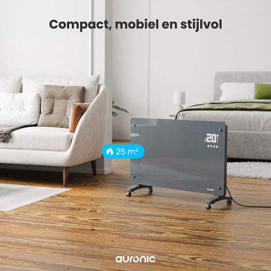 Auronic Electric Heater - Konvektor-Heizung mit Thermostat und Fernbedienung - Glasheizung - 2000W Heizung - Grau