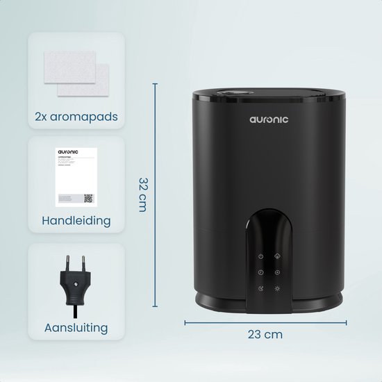 Auronic Luftbefeuchter - 4 Liter - 40m2 - Geeignet für Wohnzimmer, Büro, Schlafzimmer, Babyzimmer und mehr - Mit Aromatherapie - BPA-frei - Schwarz