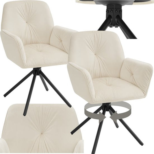 tectake® Drehstuhl Lenia - 2er-Set Drehstühle mit Armlehne - Esstischdrehstuhl - Drehsessel - gepolstert - Samtoptik Creme/Schwarz