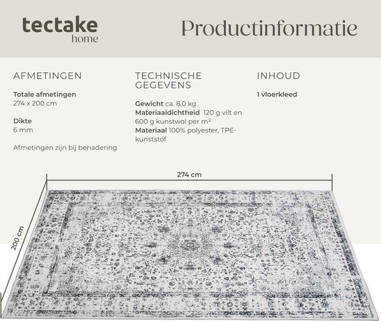 tectake - Vintage-Design-Teppich - Niederflorteppich - Aliya - 200cm x 274cm - grau