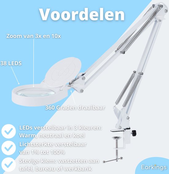 Earkings Lupe mit Beleuchtung - Lupe mit LED-Beleuchtung inklusive Tischklemme und 3 Lichtfarben - Lupe vergrößert 3x bis 10x und ist 360 Grad drehbar Weiß
