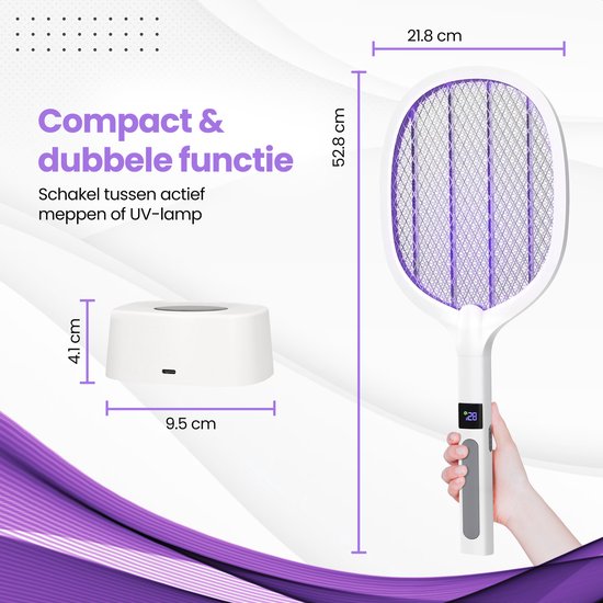 TTD® Premium Elektrische Fliegenklatsche und Mückenlampe Wiederaufladbar mit XXL 2 Meter Ladekabel und LCD Bildschirm - 2 Stufen Fliegenklatsche und Mückenlampe - 2500 Volt - Wiederaufladbar über USB und Steckdose - Mit Sicherheitsnetz - UV Licht - Fliege