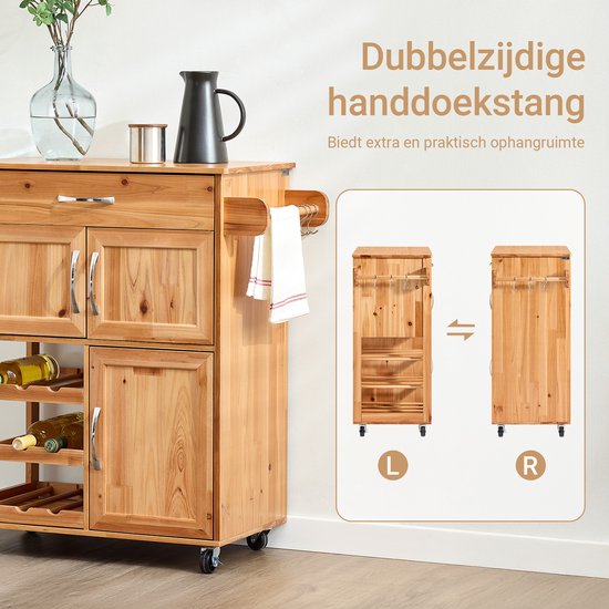 SoBuy Küchenwagen - Mit Schubladen und Weinregal - Mit Rädern und Arbeitsplatte - Kompakt - 66×38×86 cm - Naturfarbe