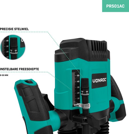 VONROC Oberfräse 1200W - 6-8mm - Variable Drehzahl 16.000 - 30.000 U/min - Inkl. 6-teiligem Oberfrässet, Schablonenführung, Parallelführung und Zentrierstift
