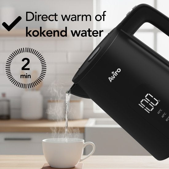 Aviro Wasserkocher mit Temperaturregelung - Heizfunktion - 1.7L - Edelstahl - Doppelwandig - Elektrisch - 2000W - Schwarz