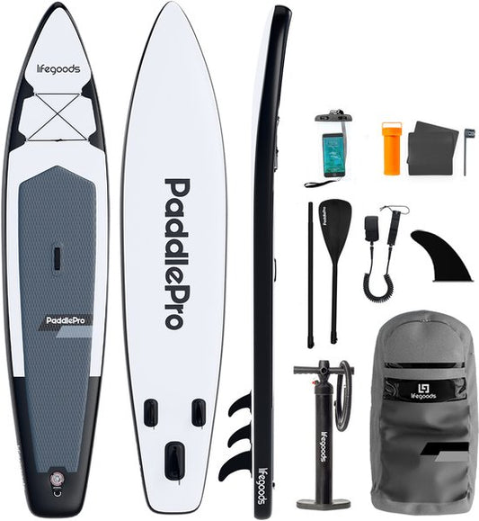 LifeGoods SUP Board Touring - 165 KG Belastbarkeit - 365 x 76 cm - Aufblasbar - Komplettes SUP Paket - Weiß/Schwarz