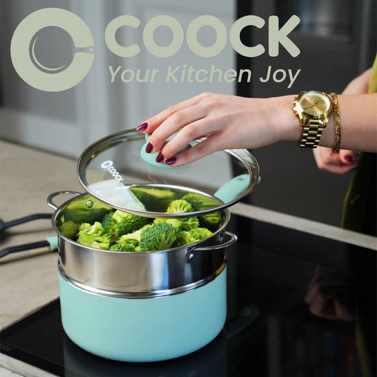 COOCK 19-teiliges Induktionskochgeschirr-Set - Spezielle Antihaftbeschichtung - Ergonomische Kaltgriffe - Recyceltes Aluminium - Bratpfannen-Set - Kochtopf-Set - Türkis (Grün) - Inklusive Untersetzer und E-Book