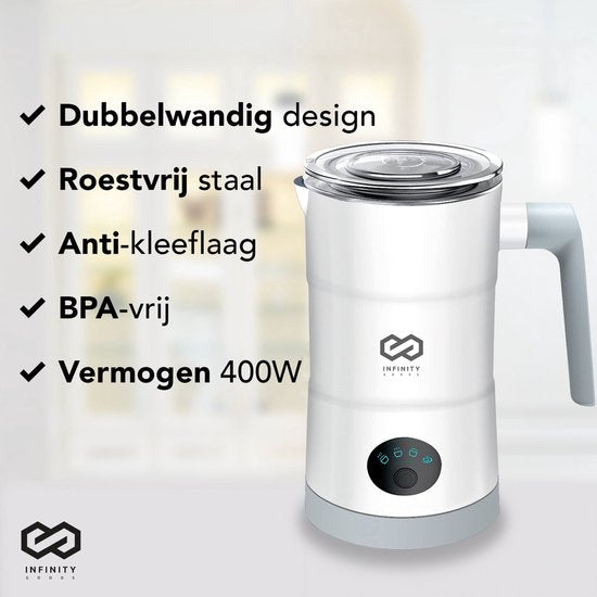 Infinity Goods 4-in-1 Elektrischer Milchaufschäumer - 350 ml - Aufschäumen und Erhitzen - Cappuccino - Spülmaschinenfest - Weiß