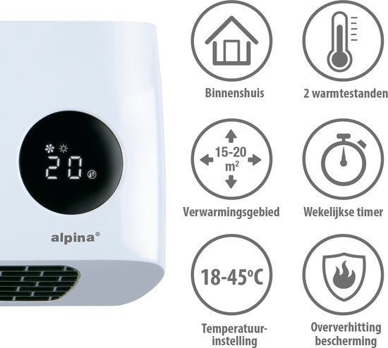 Alpina Keramikheizer mit Wandhalterung - 2000W - einstellbare Heizstufen und Timer - Heizlüfter - für Innenräume - weiß