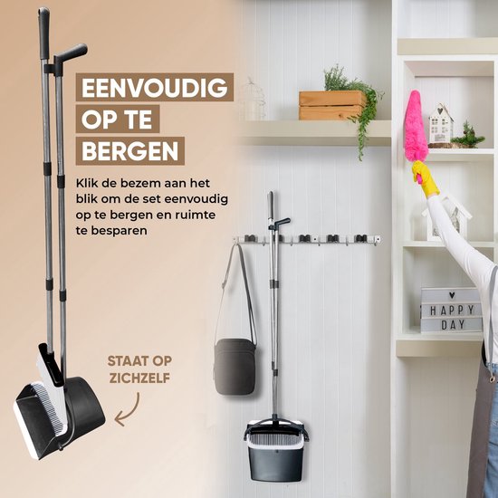 TTD® Kehrschaufel und Besen mit langem Stiel XXL - Verstellbar 54-263 cm - Besen - Besenstiel - Grau & Schwarz - Kehrschaufel und Besen - Kehrschaufel für drinnen und draußen - Integrierte Reinigungszähne