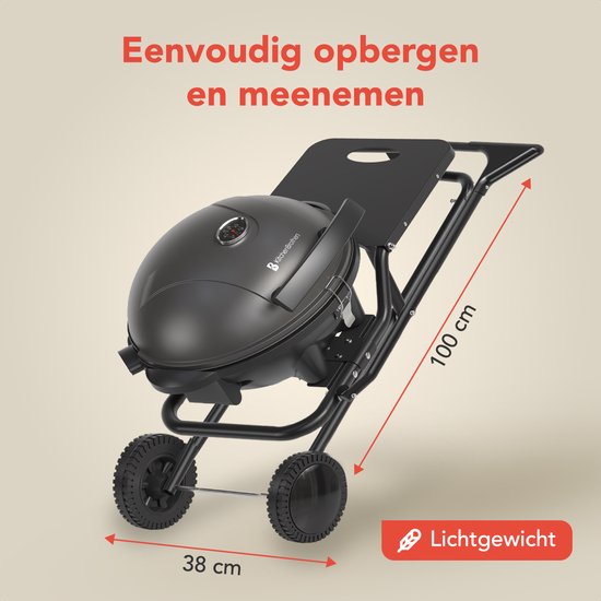 KitchenBrothers - Elektrogrill mit Rädern - Klappbar - Antihaftbeschichtung - Beistelltisch - Bis zu 250°C - 2400W - Schwarz